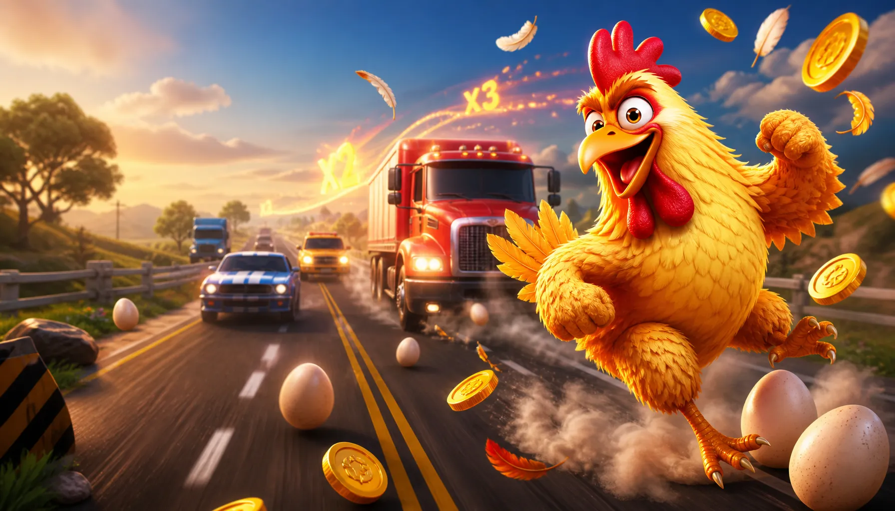 High-resolution HERO banner for Chicken Road game featuring a confident chicken crossing a busy road with eggs, coins, and fe